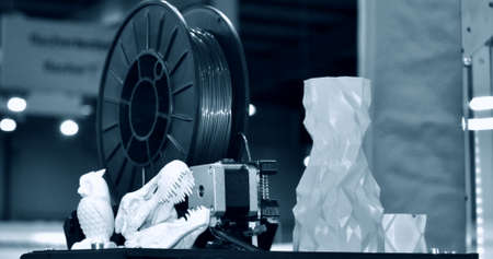 Objects printed by 3d printer Figure of an abstract object white and yellowの写真素材