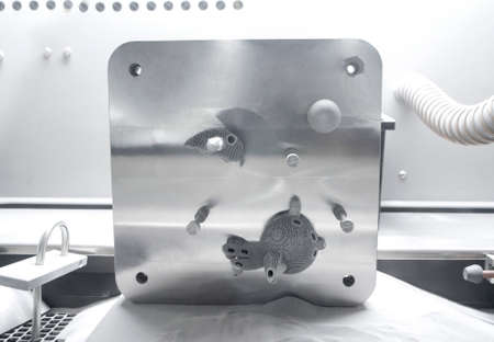 Platform with Objects Printed From Metal Powder Stands in Working Chamber Insideの写真素材