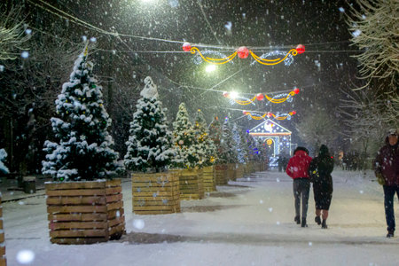 Snowy city street with Christmas trees and illumination decorationの写真素材