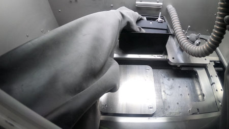 Male worker in rubber glove cleans printing platform inside 3d printer for metalの写真素材