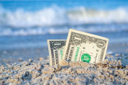 Two one dollar bills half buried in sand on sandy seashore close-up.の写真素材