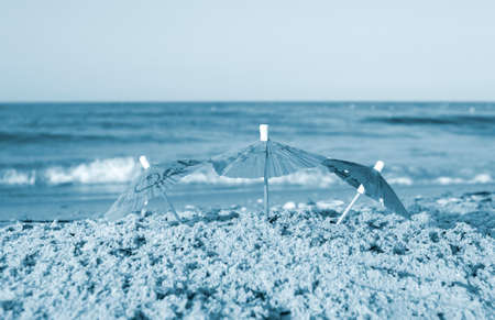 Three small paper cocktail umbrellas stand in sand on sandy beach close-upの写真素材
