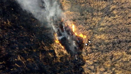 Aerial Drone View Flight Over two firefighters putting out fire in fieldの写真素材