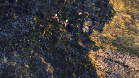 Two firefighters walk on black scorched earth after fire and burning dry grassの写真素材
