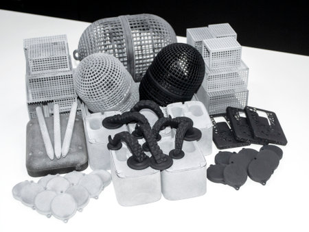Many different objects printed on 3D printer from powder polyamideの写真素材