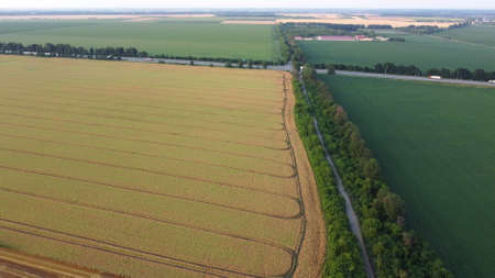Country landscape. Different agricultural fields and road with cars drivingの写真素材