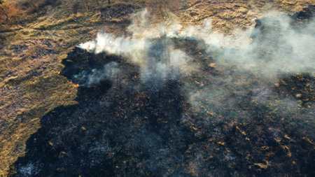 Aerial Drone View Over Burning dry grass and smoke in field. Flame and open fireの写真素材