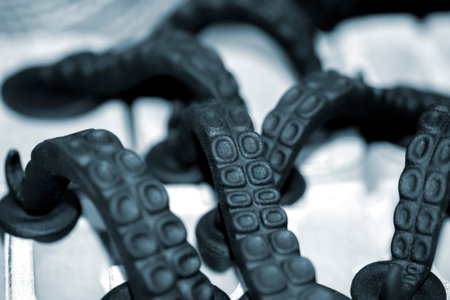 Models printed on 3D printer. Black objects octopus tentacles printed on 3D printer made of plastic close-up. Surface 3D printed models macro. Prototypes of shapes made by 3d printer. Printing technologyの写真素材