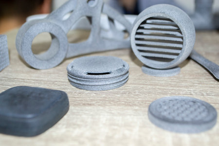 Many models gray printed on 3D printer. Gray objects printed on 3D printerの写真素材