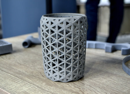 Models printed on 3D printer. Gray objects printed on 3D printer made plasticの写真素材