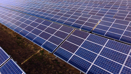 Solar power stations. Blue solar power plant modules close up. Alternative renewable clean green power. Environment ecology energy. Nature generation electric technology. Eco electricity background.の写真素材