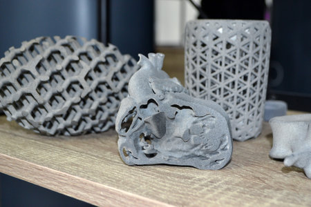 Prototype of human heart and art objects printed on 3D printer. Model printed on 3D printer of plastic close-up. 3D printed object. Prototype of shape by 3d printer. New printing technologyの写真素材