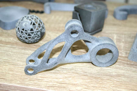 Model printed on 3D printer. Gray object printed on 3D printer made of plastic close-up. Surface 3D printed model. Prototype of shapes made by 3d printer. Concept new modern printing technology.の写真素材
