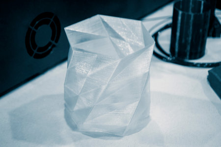 Model printed on 3D printer. Object printed on 3D printer made of plastic close-up. Prototype of shape made by 3d printer. 3D printed model. Concept new modern printing technologyの写真素材