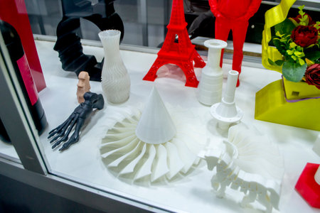Models printed on 3D printer. Many objects printed on 3D printer made of plastic close-up. Prototypes of various shapes made by 3d printer. 3D printed models. Concept new modern printing technologyの写真素材