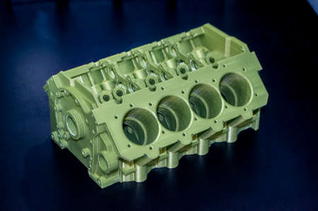 Model prototype car motor printed on 3D printer. Object printed on 3D printer made of plastic close-up. Prototype of shape made by 3d printer. 3D printed model. Concept new modern printing technologyの写真素材