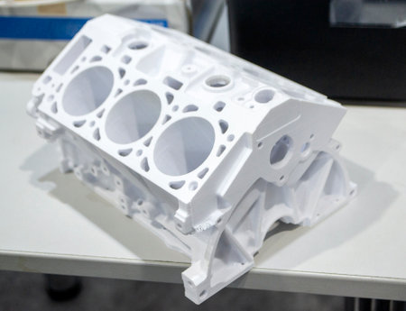 Model prototype car motor printed on 3D printer. Object printed on 3D printer made of plastic close-up. Prototype of shape made by 3d printer. 3D printed model. Concept new modern printing technologyの写真素材