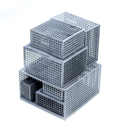 Models printed on 3D printer isolated on white background. Gray plastic objects printed on 3D printer close-up. 3D printed models. Prototypes made by 3d printer. Concept new modern printing technologyの写真素材