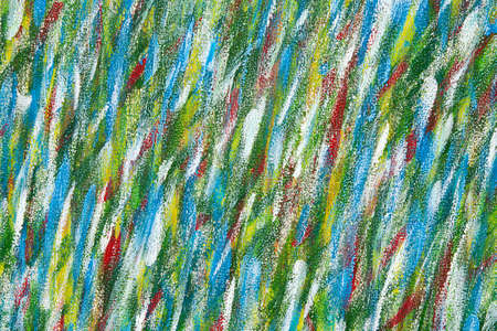 Creative background of colorful brush strokes on canvas closeup. Abstract art background from smeared brush strokes of green red white blue yellow colors macro. Drawing painting paint texture backdropの写真素材