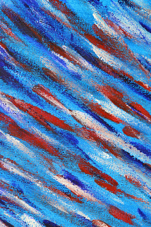 Creative background of colorful brush strokes on canvas close up. Abstract art background from smeared brush strokes of blue, red, white colors macro. Drawing, painting paints texture surface backdropの写真素材