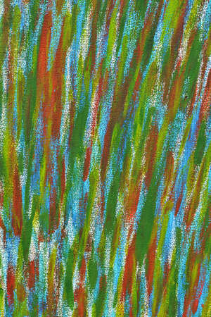 Creative background of colorful brush strokes on canvas closeup. Abstract art background from smeared brush strokes of green red white blue yellow colors macro. Drawing painting paint texture backdropの写真素材