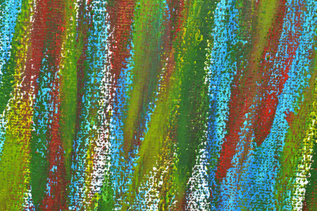Creative background of colorful brush strokes on canvas closeup. Abstract art background from smeared brush strokes of green red white blue yellow colors macro. Drawing painting paint texture backdropの写真素材