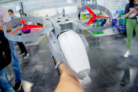 Prototype model helicopter printed on 3d printer close-up. Person holding in his hand a model of a plastic drone that was printed by a 3D printer. Concept new modern 3D printing additive technology.の写真素材