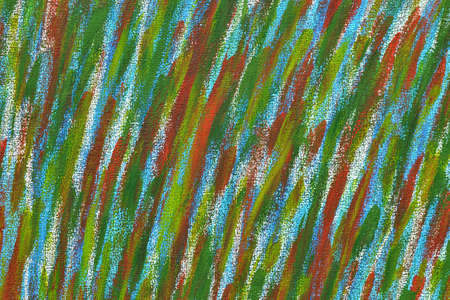 Creative background of colorful brush strokes on canvas closeup. Abstract art background from smeared brush strokes of green red white blue yellow colors macro. Drawing painting paint texture backdropの写真素材