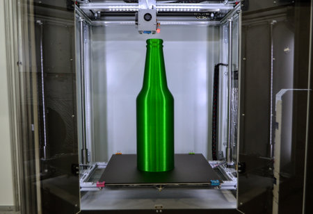 Object green bottle printed on 3D printer close-up, inside on desktop of 3d printer. Progressive modern additive technology. Concept 4.0 industrial revolution. Modern 3D printing additive technologyの写真素材
