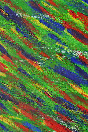 Creative background of colorful brush strokes on canvas closeup. Abstract art background from smeared brush strokes of green red blue yellow colors macro. Drawing painting paint texture backdropの写真素材