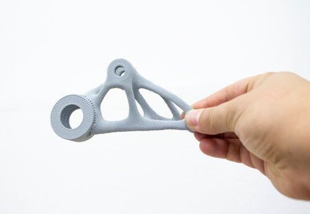 Person holding plastic model printed on powder 3d printer from biocompatible polyamide powder. Multi...