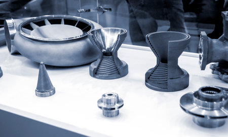 Models object of a large industrial part printed on a 3D printer from metal close-up. New modern progressive additive 3D printing technology. industry factory plant manufacturing metalwork industrialの写真素材
