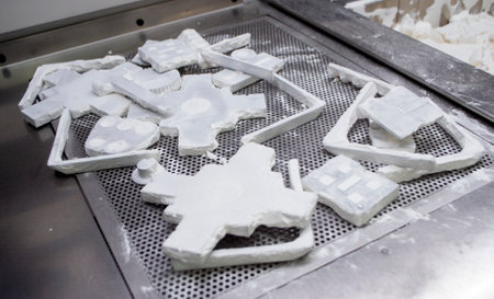 Detail objects printed on powder 3D printer and covered white polyamide powder close-up. Technology Multi Jet Fusion MJF. 3D prototype models created by new additive progressive 3d printing technologyの写真素材