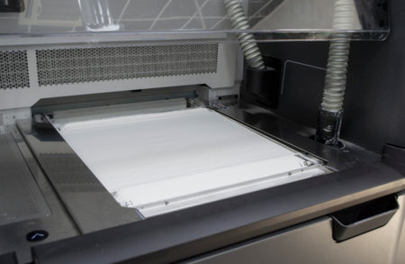 White polyamide powder for printing powder 3d printer close-up. Powder for high-speed printing of 3D printer on working surface inside printer. New modern printing technology. Multi Jet Fusion MJFの写真素材