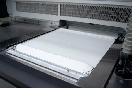 White polyamide powder for printing powder 3d printer close-up. Powder for high-speed printing of 3D printer on working surface inside printer. New modern printing technology. Multi Jet Fusion MJFの写真素材