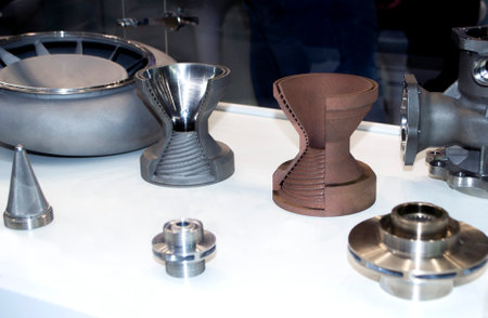 Models object of a large industrial part printed on a 3D printer from metal close-up. New modern progressive additive 3D printing technology. Industry factory plant manufacturing metalwork industrialの写真素材