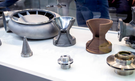 Models object of a large industrial part printed on a 3D printer from metal close-up. New modern progressive additive 3D printing technology. Industry factory plant manufacturing metalwork industrialの写真素材