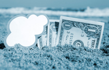 Paper bills one dollar and small stick with clean empty paper speech bubble buried in sand beach background sea close-up in sunny summer day. Concept Money travel tourism vacation. Blue white colorの写真素材