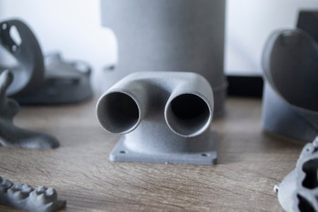 Prototype model printed with powder 3D printer close-up. Abstract black figure printed on a 3D...
