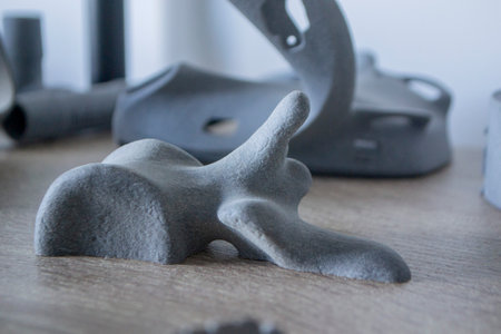 Prototype model part of human bone printed on powder 3D printer close-up. Figure printed on 3D printer from polyamide powder. Multi Jet Fusion MJF. New additive modern progressive 3D priner technologyの写真素材