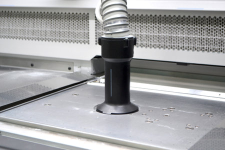 Powder part of 3d printer. Process of pouring polyamide powder through hose into working chamber of...