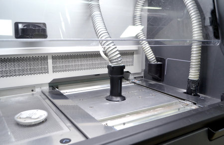 Powder part of 3d printer. Process of pouring polyamide powder through hose into working chamber of 3D printer for printing. Industrial equipment Modern 3D printing additive progressive technology MJFの写真素材