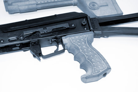3D printed weapon parts. Assembly of weapons rifle, some parts printed on 3D printer. Details of gray color of weapon printed on 3D printer from polyamide powder. Progressive additive technologyの写真素材