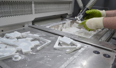 Male worker taking out models from white polyamide powder in working chamber of 3D printer, cleaning powder and putting on surface. Process of creating model on powder 3D printer. Multi Jet Fusion MJFの写真素材