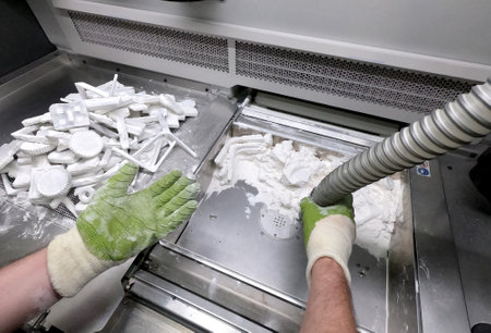 Male worker taking out models from white polyamide powder in working chamber of 3D printer, cleaning powder and putting on surface. Process of creating model on powder 3D printer. Multi Jet Fusion MJFの写真素材