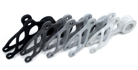 Gray model printed on 3D printer from polyamide plastic powder isolated on white background close-up. Object printed 3D printer. 3D printed prototype. New modern printing technology. Multi Jet Fusionの写真素材