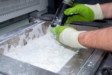 Mane taking out models from white polyamide powder in working chamber of 3D printer, cleaning and removes powder. Process of creating model on powder 3D printer. Multi Jet Fusion MJF. Worker handsの写真素材