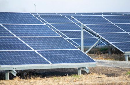 Large Solar Panels Solar Power Plants. Green energy power. Solar power energy generation. Solar...