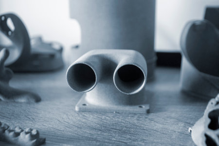 Prototype model printed with powder 3D printer close-up. Abstract black figure printed on a 3D printer from polyamide powder. Multi Jet Fusion MJF. New additive modern progressive 3D priner technologyの写真素材