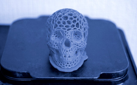 3D printed human skull prototype printed of red plastic close-up.の写真素材